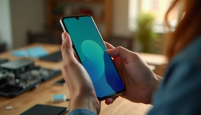 Femme tenant un smartphone efficace et pas cher au-dessus d'un établi de technicienne mobile avec des composants en arrière-plan