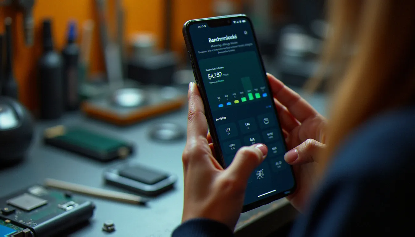 Technicienne tenant un smartphone affichant des résultats de benchmark lors d'un atelier de diagnostic mobile