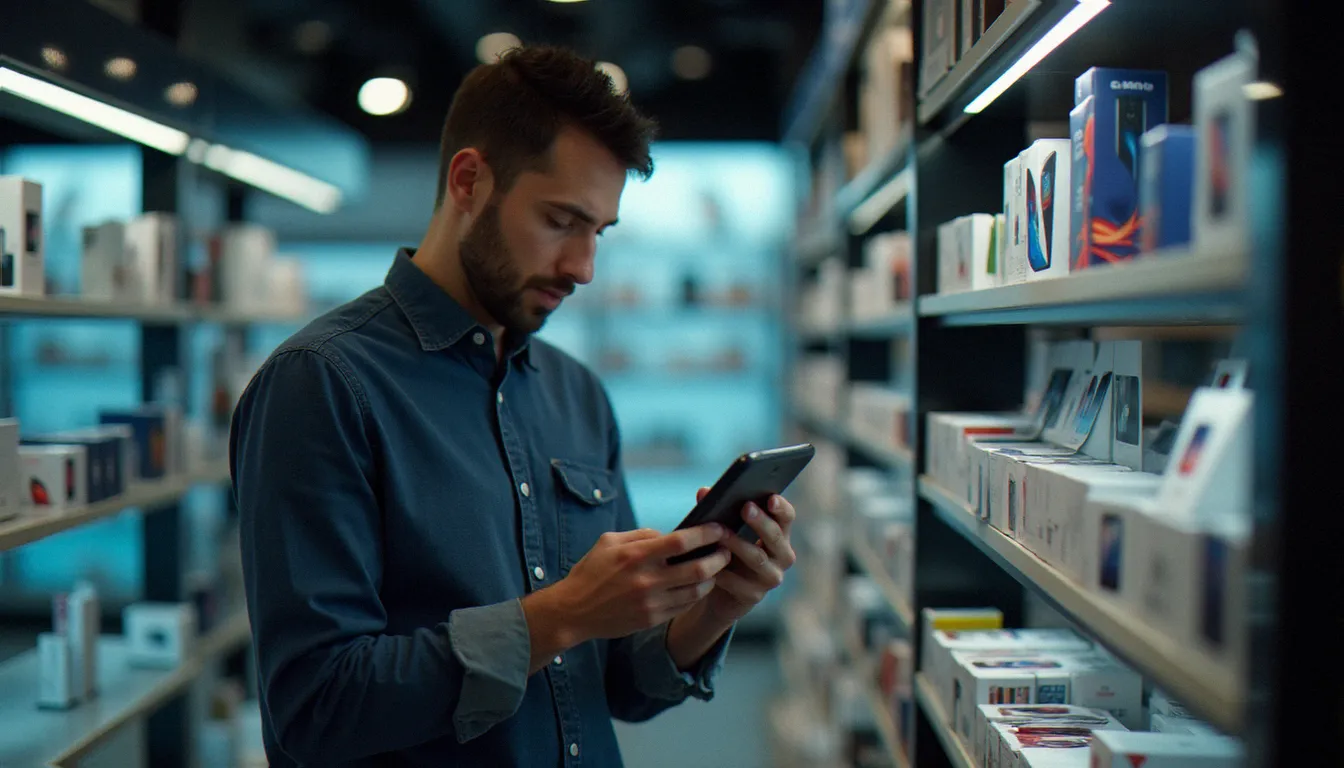 Consommateur lisant attentivement la fiche technique au dos d'une boîte de smartphone dans un magasin d'électronique