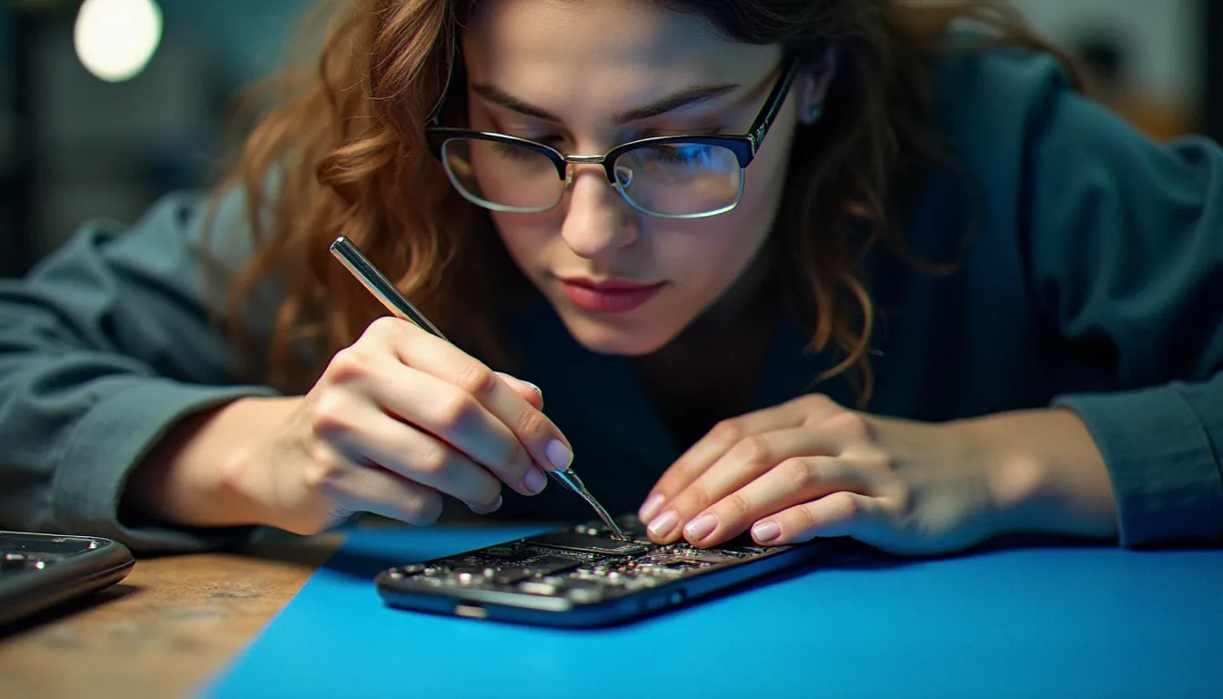 Technicienne inspectant les composants internes d'un smartphone milieu de gamme dans un atelier de réparation mobile professionnel à Grenoble