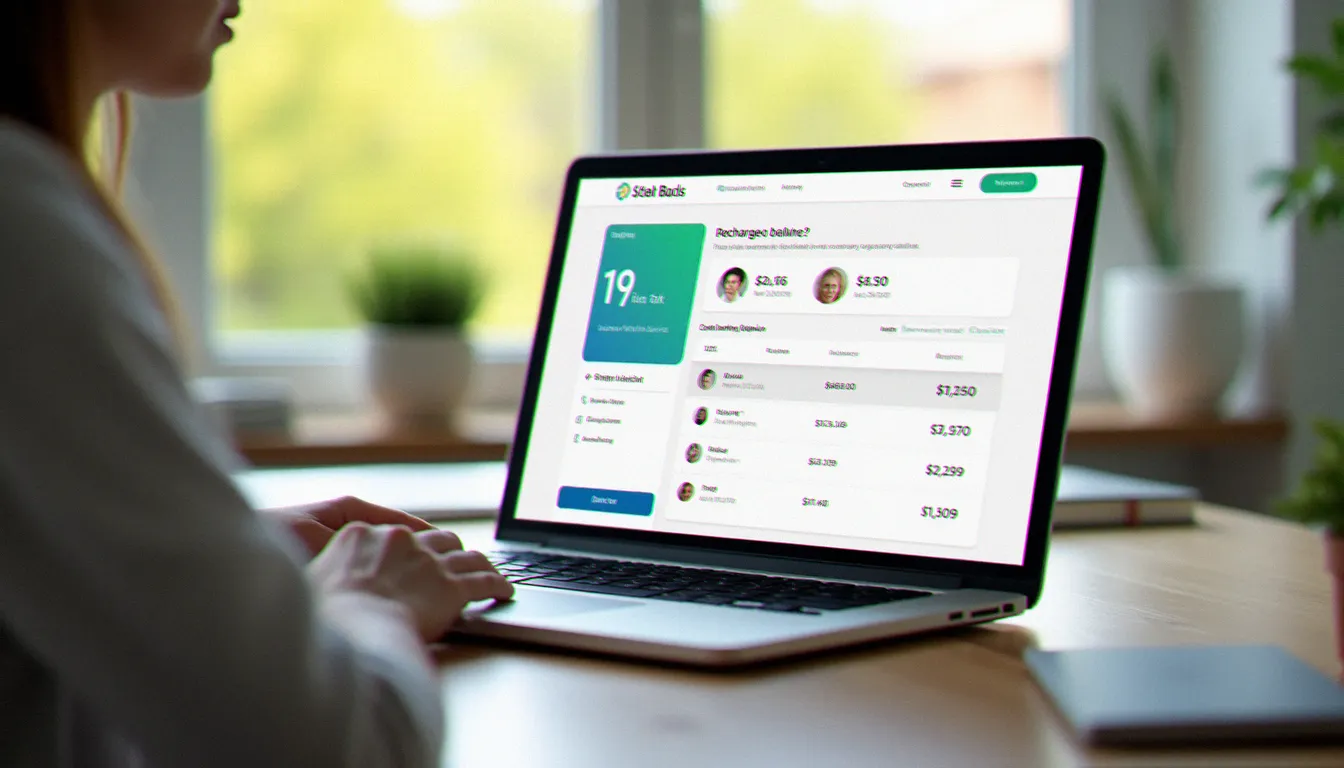 Un utilisateur effectuant la recharge de son compte Syma Mobile en ligne depuis un ordinateur portable posé sur un bureau lumineux