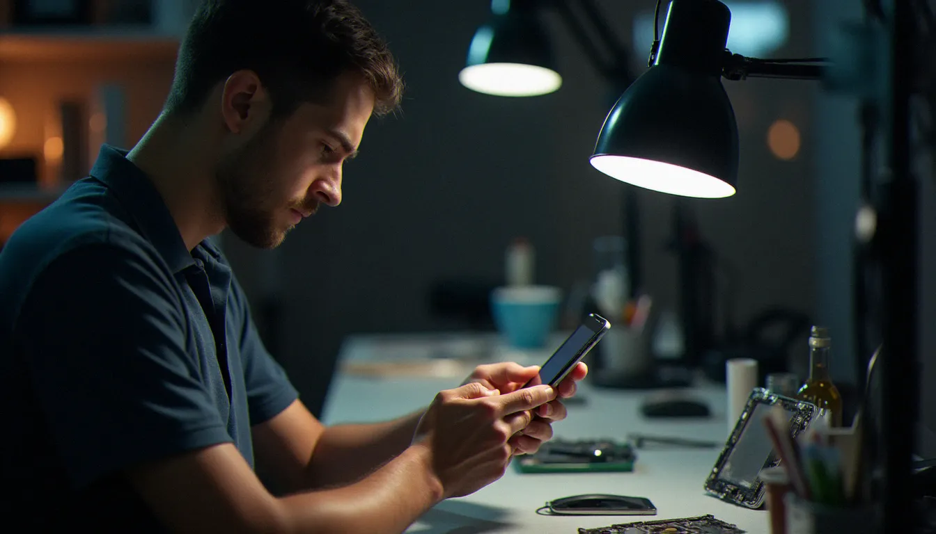 Technicienne inspectant un téléphone reconditionné sous une lampe de bureau dans un atelier de réparation mobile