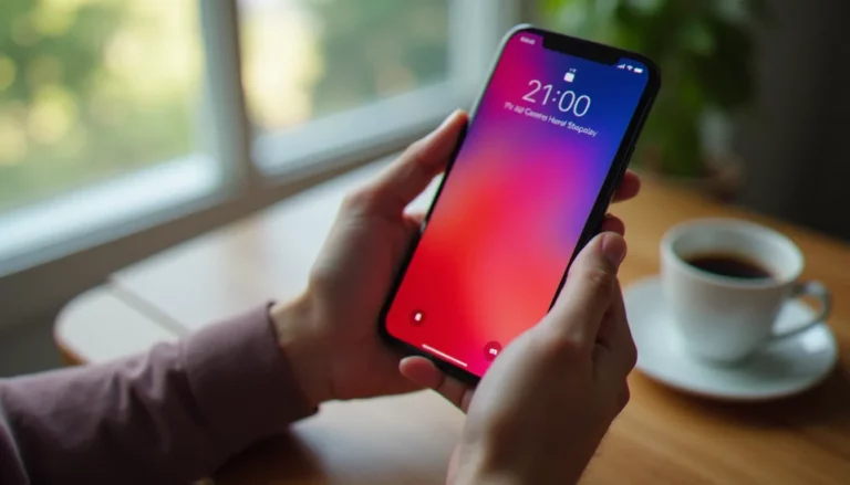 Main tenant un téléphone efficace pas cher posé sur un bureau en bois avec une lumière naturelle douce