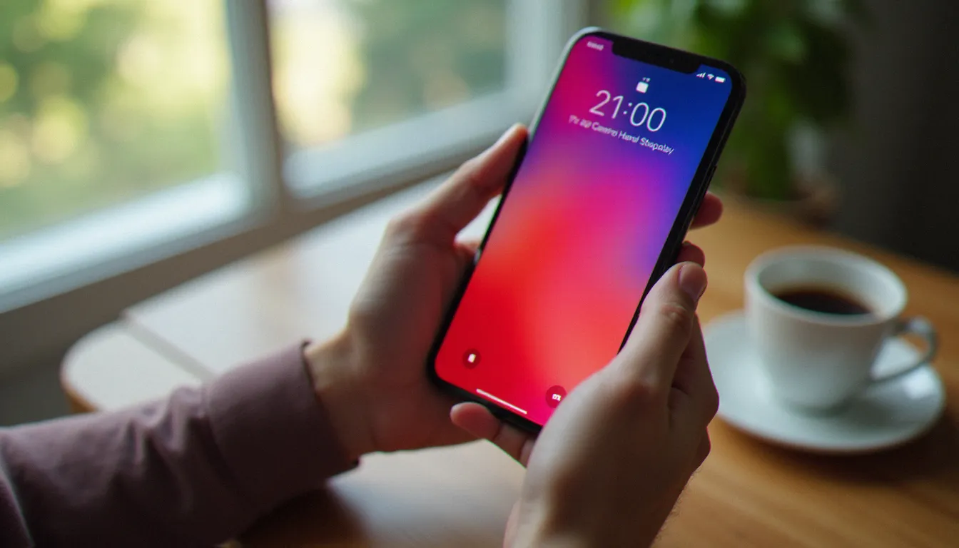 Main tenant un téléphone efficace pas cher posé sur un bureau en bois avec une lumière naturelle douce