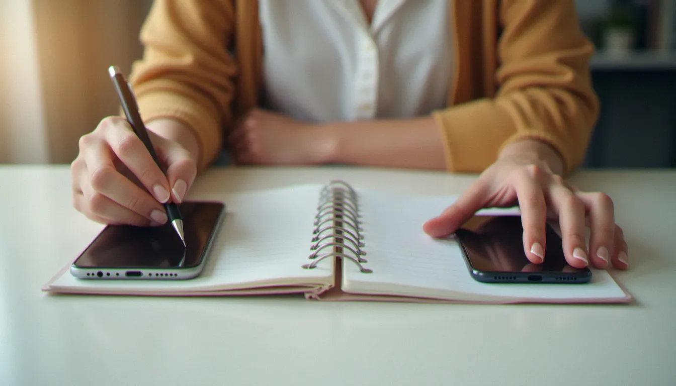 Femme comparant deux smartphones côte à côte sur un bureau blanc pour identifier le meilleur rapport qualité prix selon ses critères d'usage
