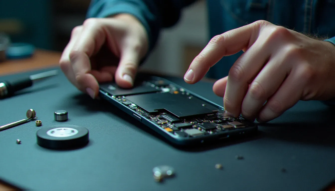 Technicienne réparant un smartphone milieu de gamme ouvert sur un tapis antistatique, illustrant l'entretien et la longévité d'un téléphone rapport qualité prix