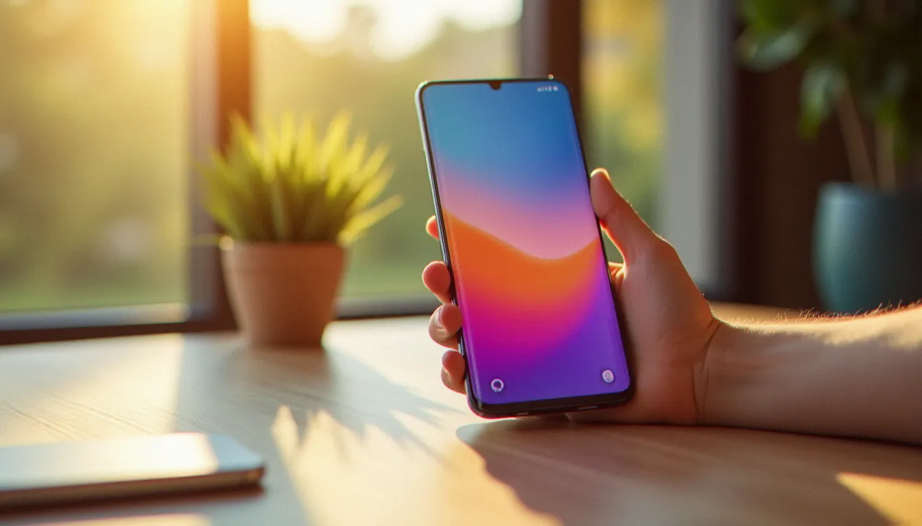 Main tenant un smartphone Android milieu de gamme avec écran AMOLED coloré sur un bureau en bois clair — sélection téléphone meilleur rapport qualité prix 2026