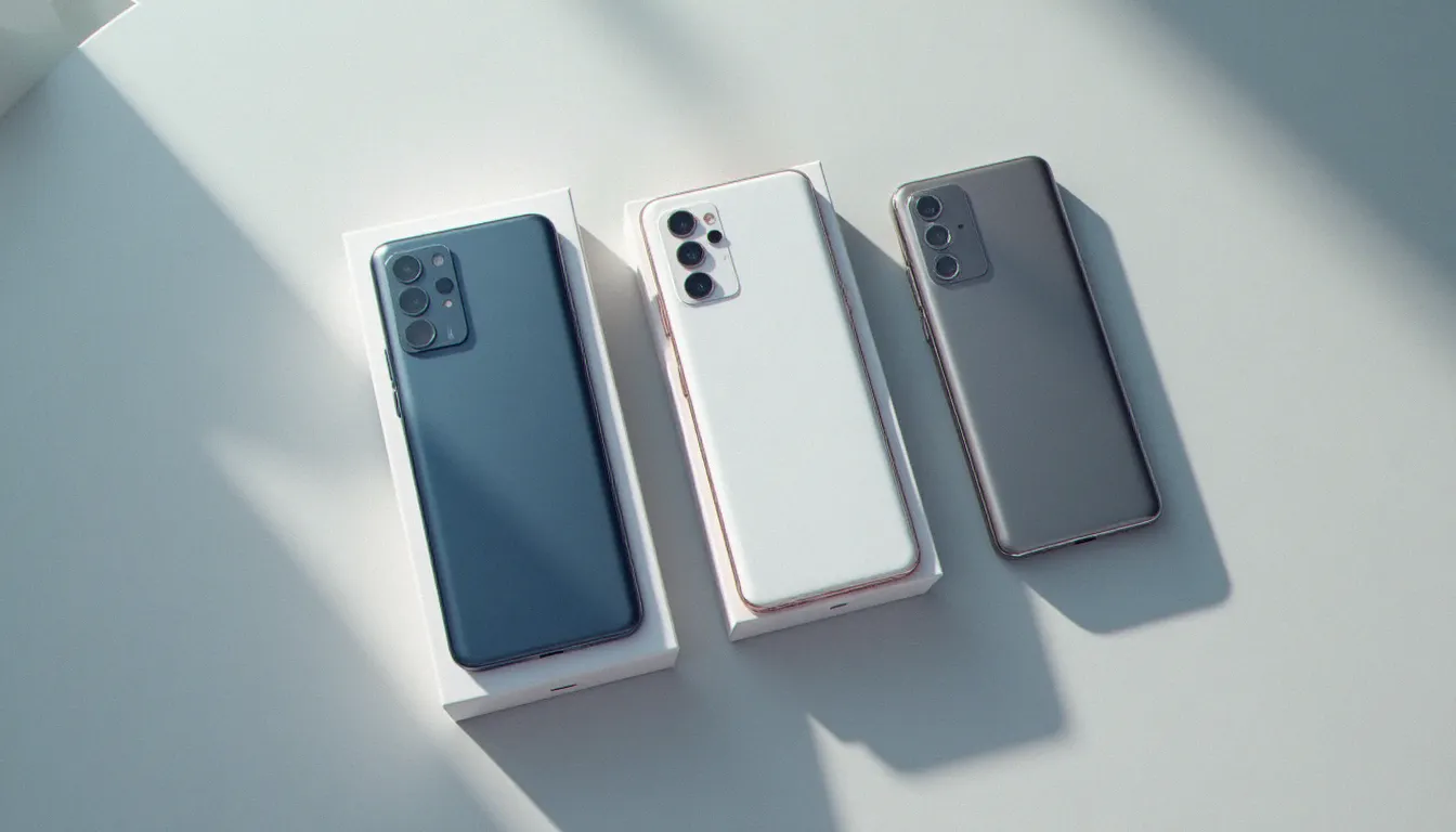Trois smartphones d'entrée de gamme disposés côte à côte avec leurs boîtes, représentant les meilleures options disponibles au prix de 10 000 DA en Algérie