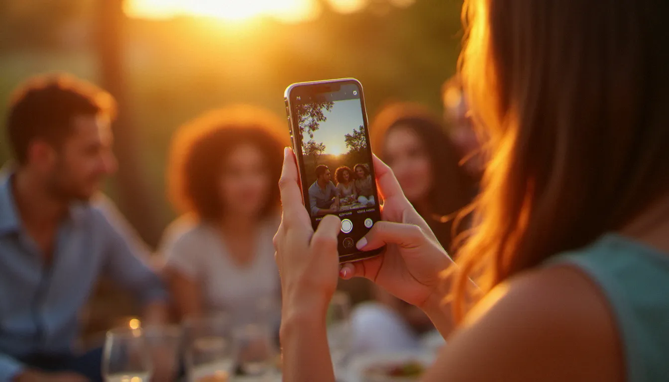 Jeune femme algérienne utilisant un smartphone entrée de gamme pour photographier lors d'une fête de famille en extérieur, illustrant la qualité photo accessible à petit budget