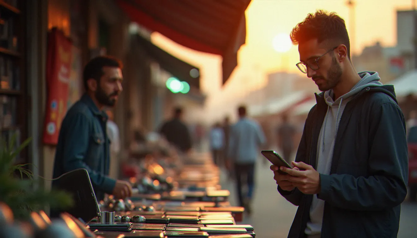 Un jeune homme algérien inspectant un téléphone portable dans un marché couvert de téléphonie d'une grande ville algérienne, accompagné d'un vendeur