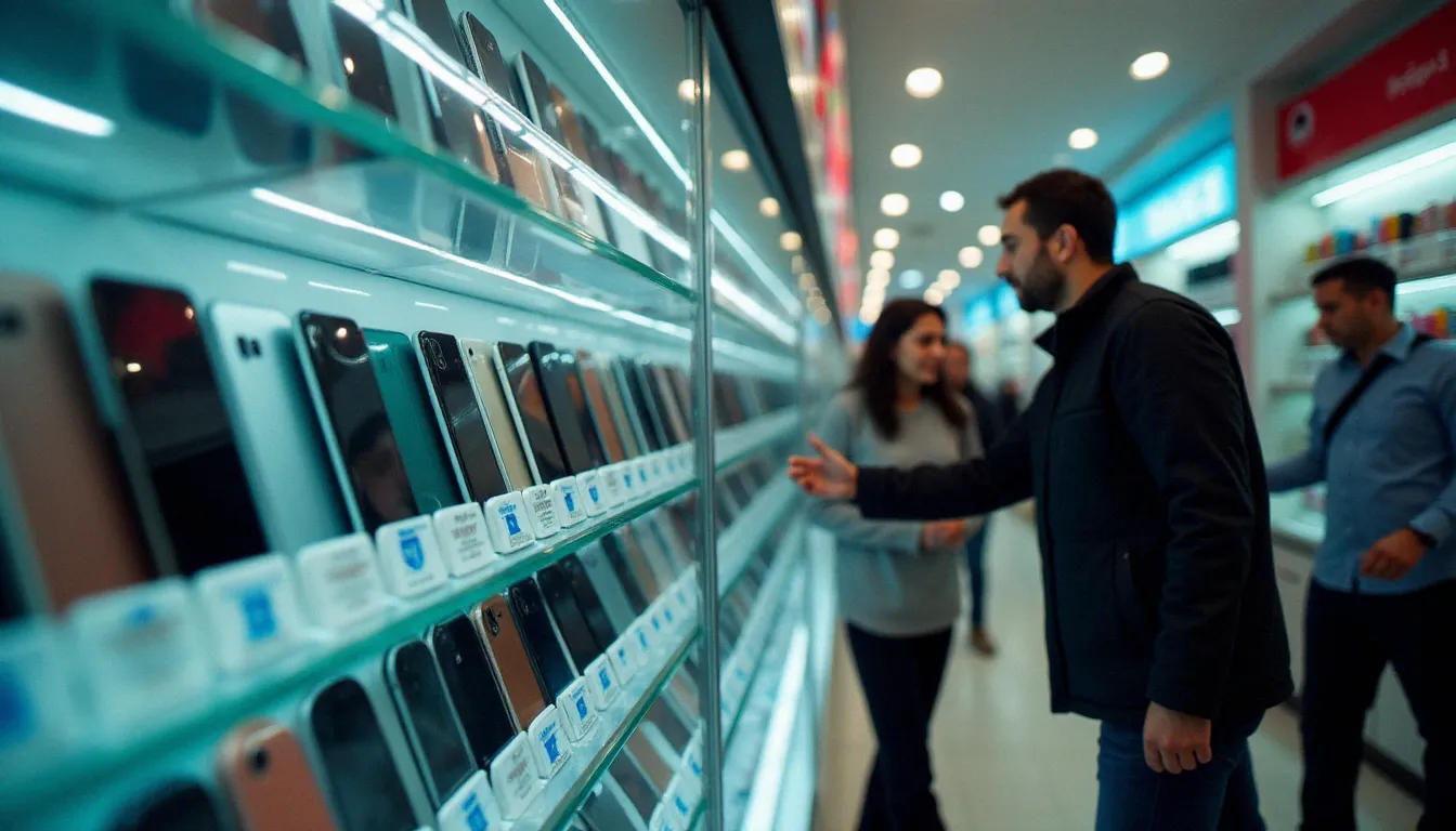 Intérieur d'une boutique de téléphonie algérienne avec des vitrines de smartphones et leurs prix en dinars, illustrant les options d'achat sécurisé pour un téléphone à 10000 da
