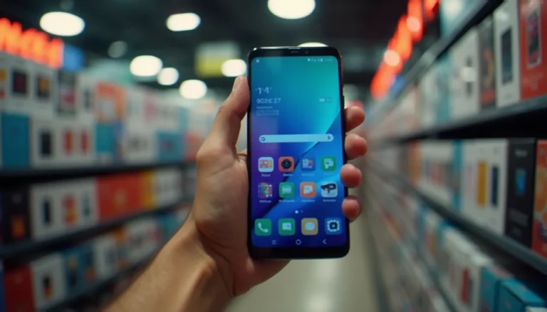 Un client tenant un smartphone Android d'entrée de gamme dans une boutique de téléphonie algérienne, illustrant le choix d'un téléphone prix algérie 10000 da