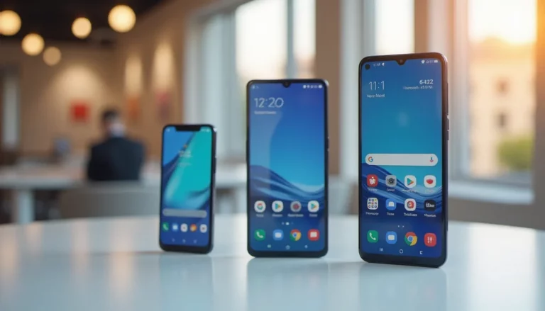 Trois smartphones Android entrée de gamme présentés côte à côte sur une surface blanche, représentant les téléphones prix Algérie 10000 da disponibles en 2026