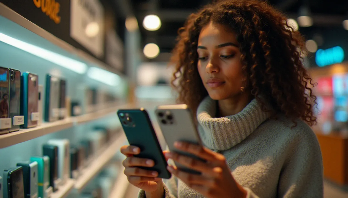 Une femme compare deux modèles de smartphones dans une boutique de téléphonie pour trouver le meilleur téléphone à 15000 DA en Algérie