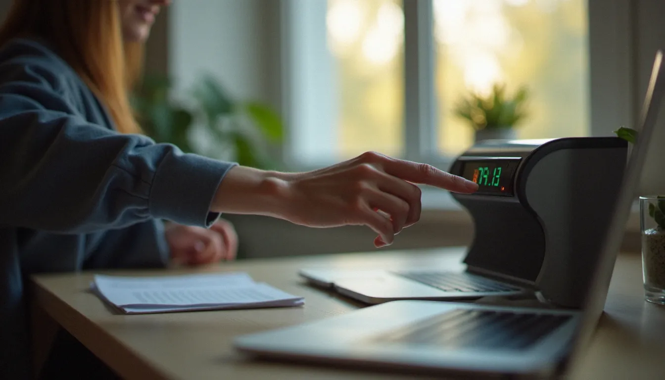 Utilisateur réglant le thermostat numérique d'un chauffage mobile portable dans un bureau à domicile ensoleillé