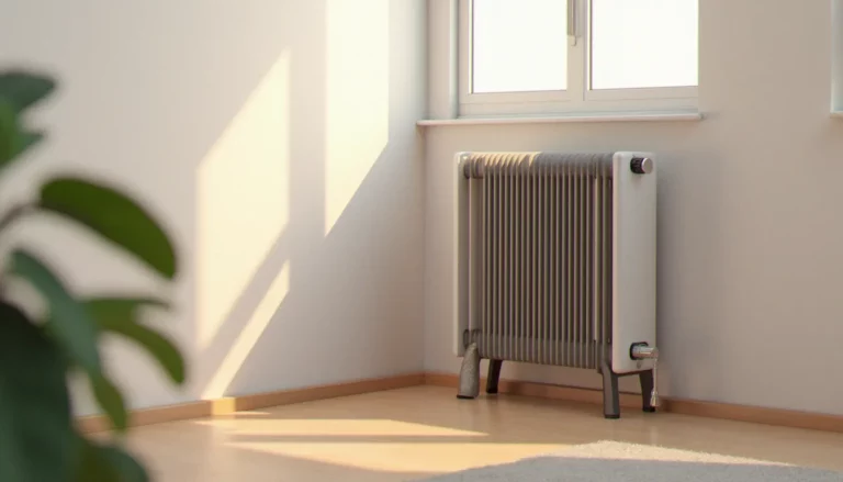 Radiateur à inertie portable positionné dans un salon moderne — exemple de chauffage mobile efficace en usage domestique