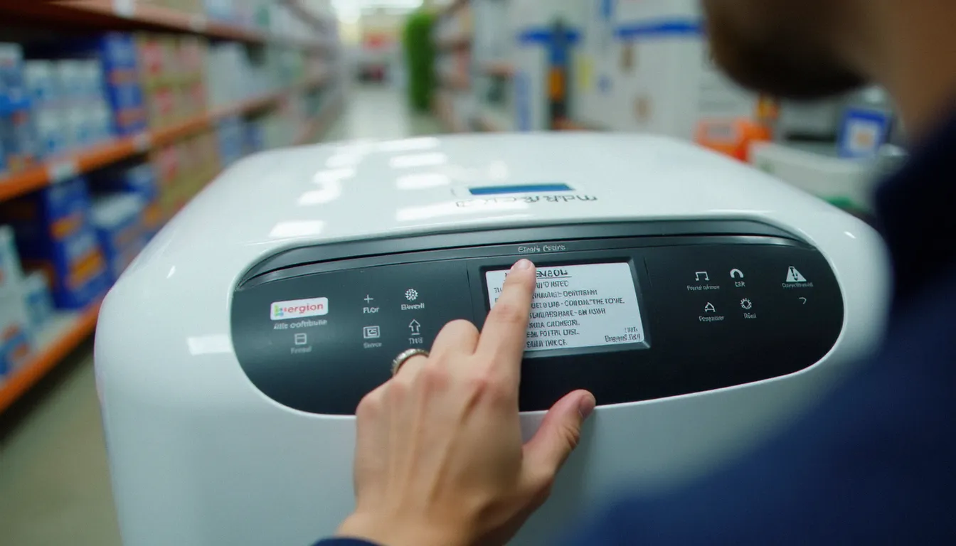 Personne lisant les caractéristiques techniques BTU et EER d'un climatiseur portable en magasin pour choisir une clim mobile efficace