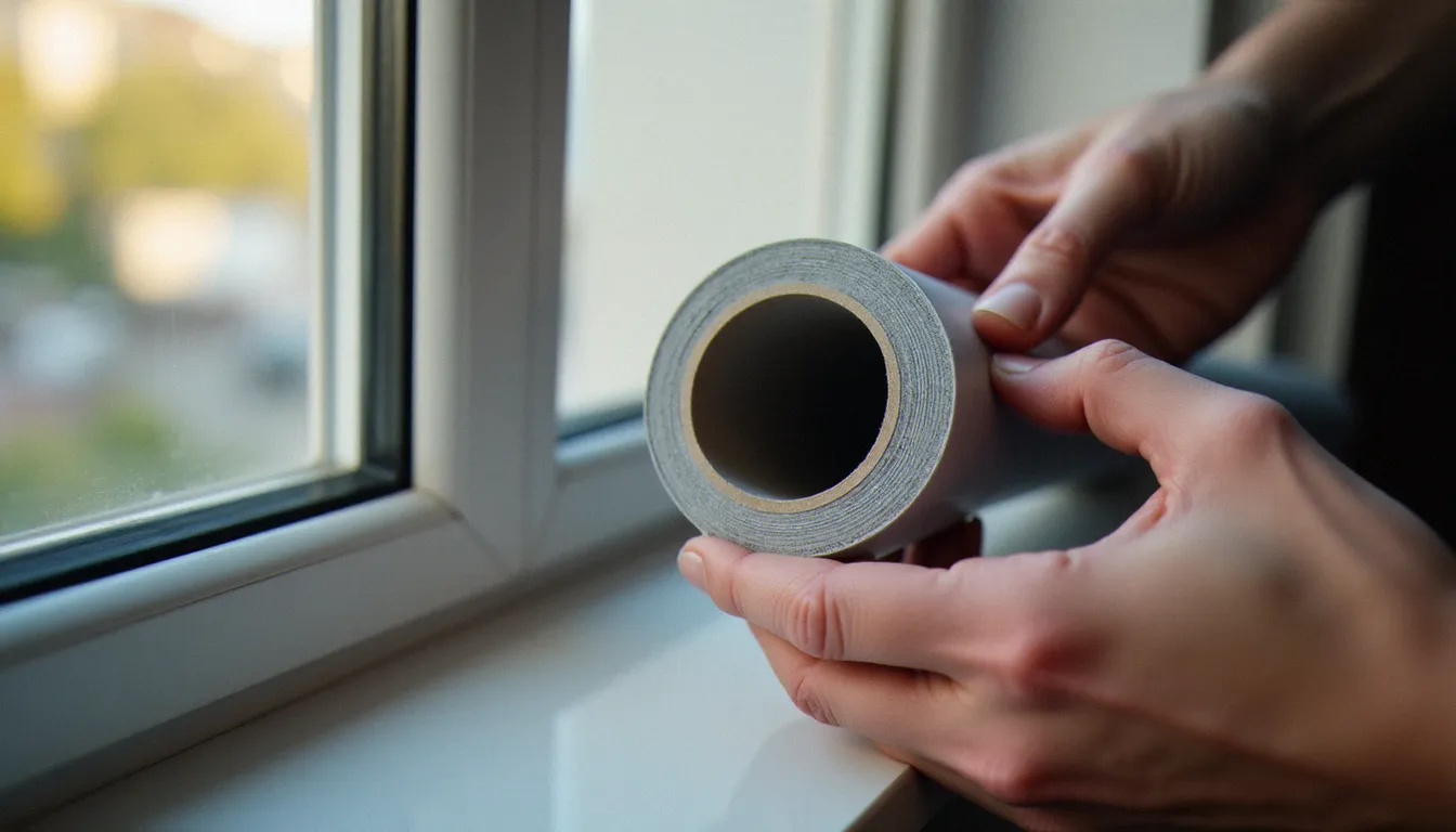 Mains posant un joint mousse autour du tuyau d'évacuation d'un climatiseur mobile dans l'encadrement d'une fenêtre pour améliorer l'étanchéité et l'efficacité