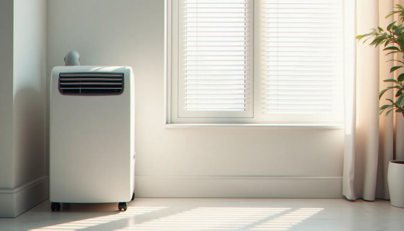Climatiseur mobile blanc installé dans un salon moderne avec tuyau d'évacuation branché sur une fenêtre, illustration d'une clim mobile efficace