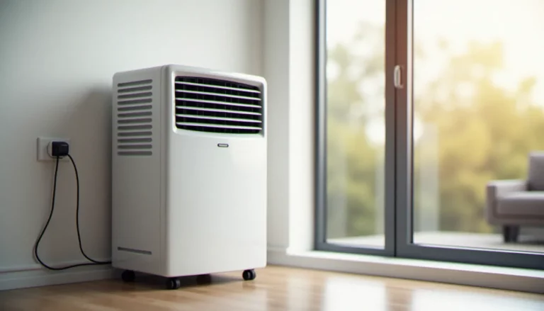 Climatiseur mobile blanc dans un salon lumineux, illustrant les dangers potentiels liés à l'utilisation d'un climatiseur mobile à domicile