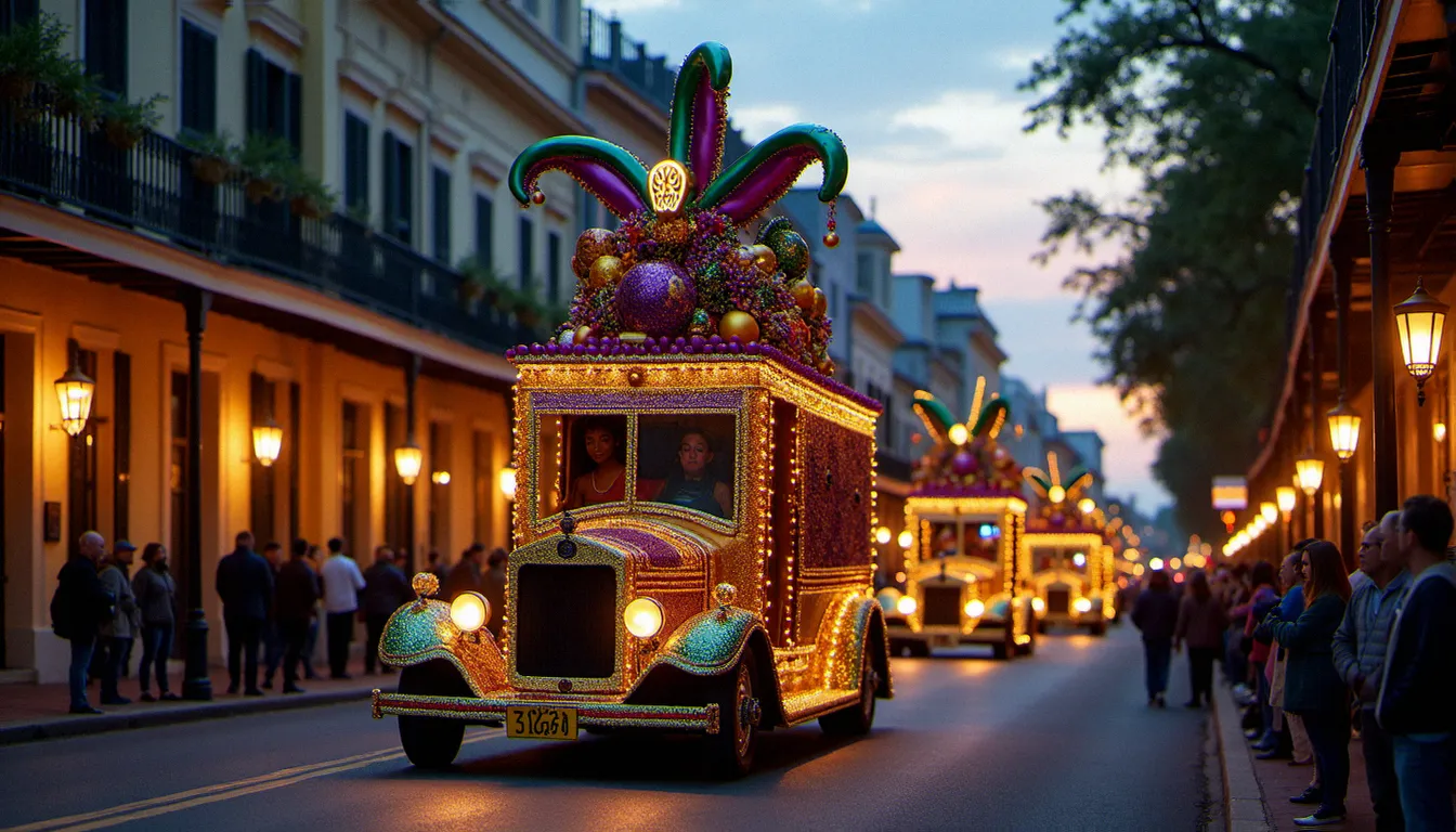 Défilé de Mardi Gras dans les rues historiques de Mobile, dans le comté de Mobile, avec ses chars colorés et son architecture créole