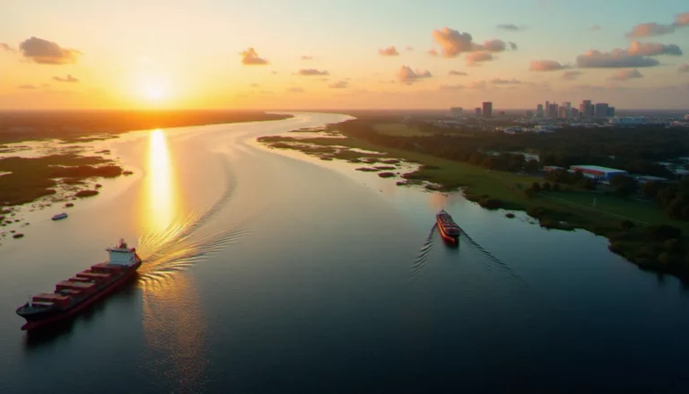 Vue aérienne de la baie de Mobile dans le comté de Mobile (Alabama) au coucher du soleil, avec la skyline de la ville visible en arrière-plan
