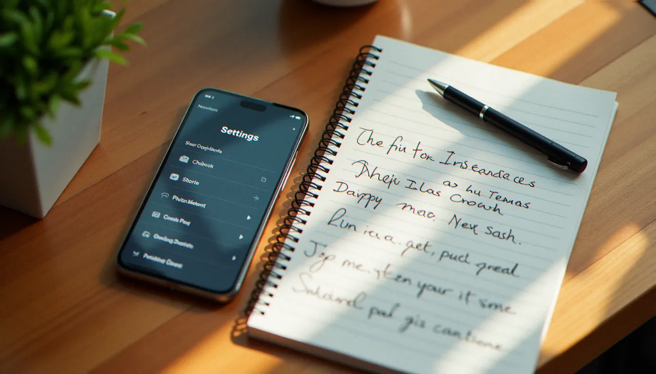 Vue de dessus d'un smartphone affichant un menu de paramètres graphiques sur bureau en bois, guide de configuration FC Mobile