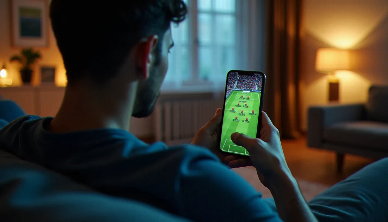 Homme concentré sur son smartphone affichant une formation d'équipe de football dans FC Mobile, en train de construire son équipe compétitive
