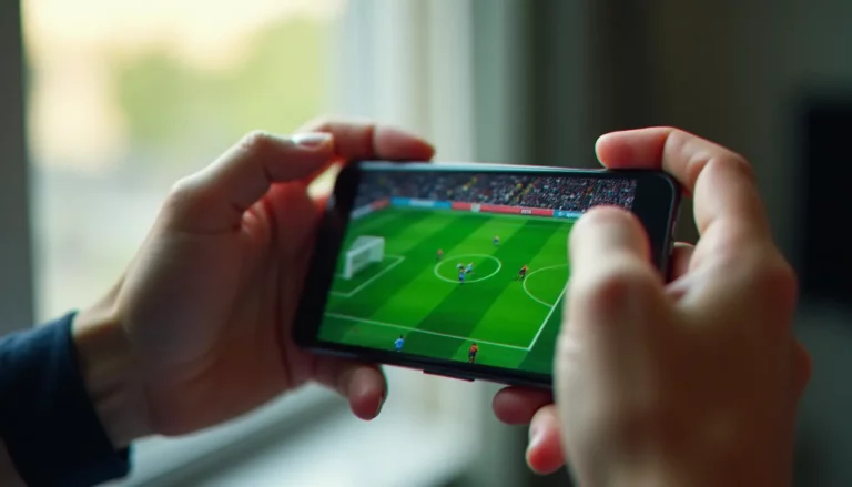 Mains tenant un smartphone en mode paysage affichant un match de FC Mobile guide sur un terrain de football virtuel