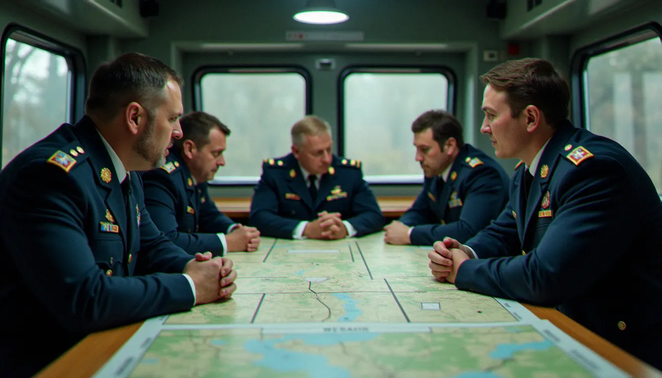 Officiers de gendarmerie mobile autour d'une table de commandement tactique lors d'une session de coordination opérationnelle