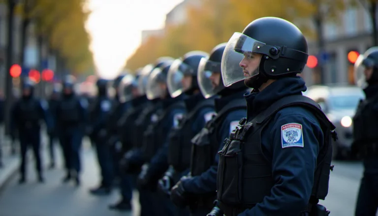 Escadron de garde nationale mobile en tenue de maintien de l'ordre aligné sur une avenue française, illustrant le rôle opérationnel de cette force