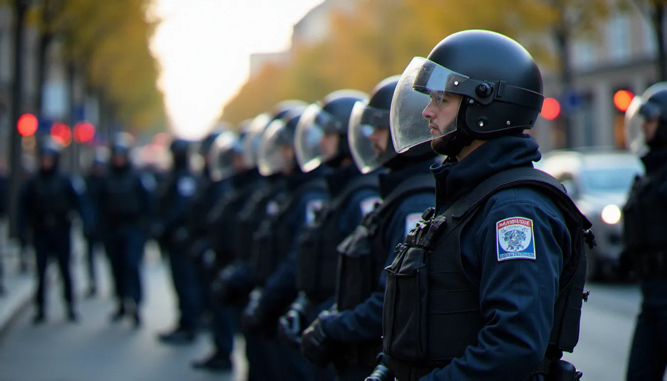 Escadron de garde nationale mobile en tenue de maintien de l'ordre aligné sur une avenue française, illustrant le rôle opérationnel de cette force