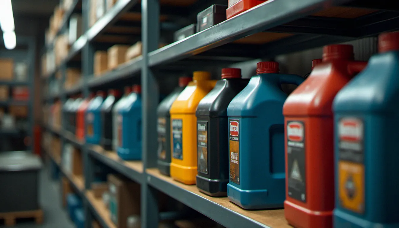 Rangée de contenants d'huile industrielle de différentes viscosités sur une étagère de salle de maintenance, illustrant le choix du grade de mobil guide oil