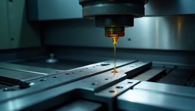 Application de mobil guide oil sur les glissières d'une machine-outil CNC, vue rapprochée sur le guidage métallique en atelier