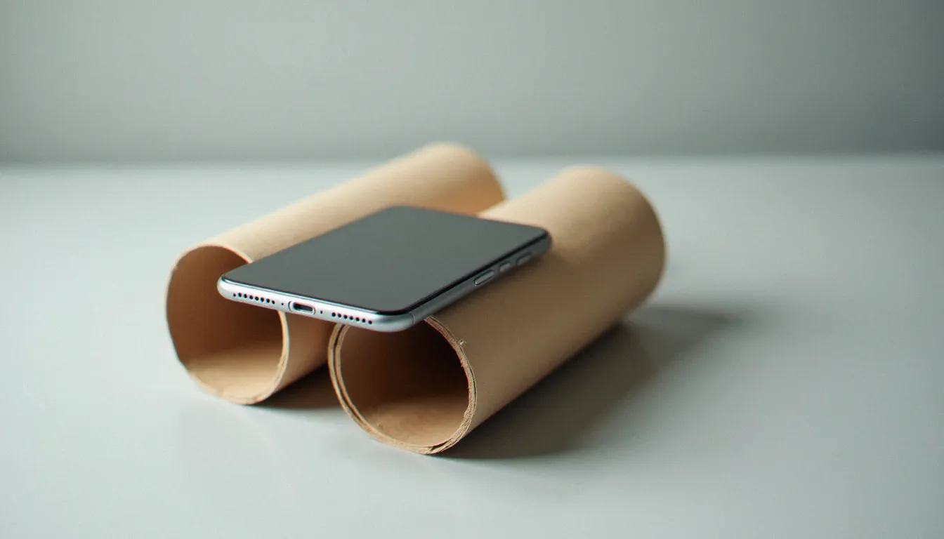 Double rouleau papier toilette assemblé servant d'amplificateur sonore passif pour smartphone posé sur un bureau