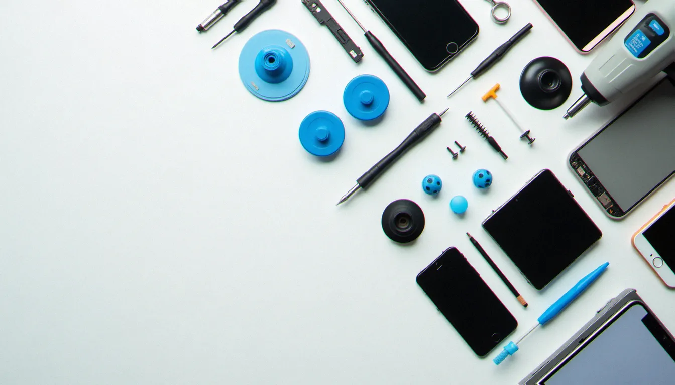 Vue de dessus des outils de réparation mobile professionnels incluant ventouses, spatules et pièces détachées pour smartphones