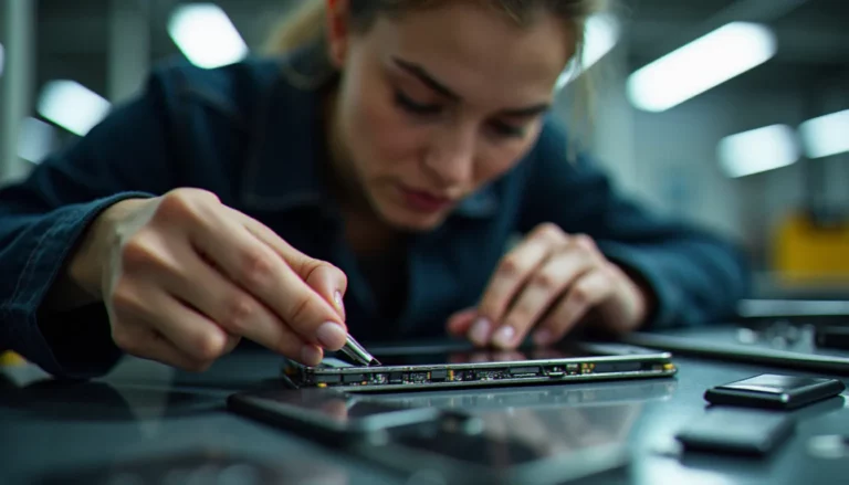 Technicienne mobile inspectant les composants d'un smartphone démonté sur un établi de réparation, illustration d'un mobile avis professionnel