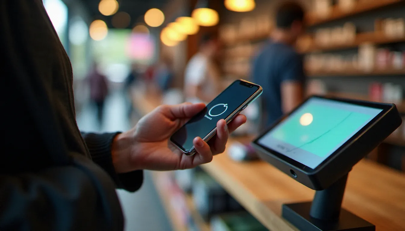 Utilisateur validant un paiement sans contact par reconnaissance faciale grâce à un mobile biometric service dans un commerce