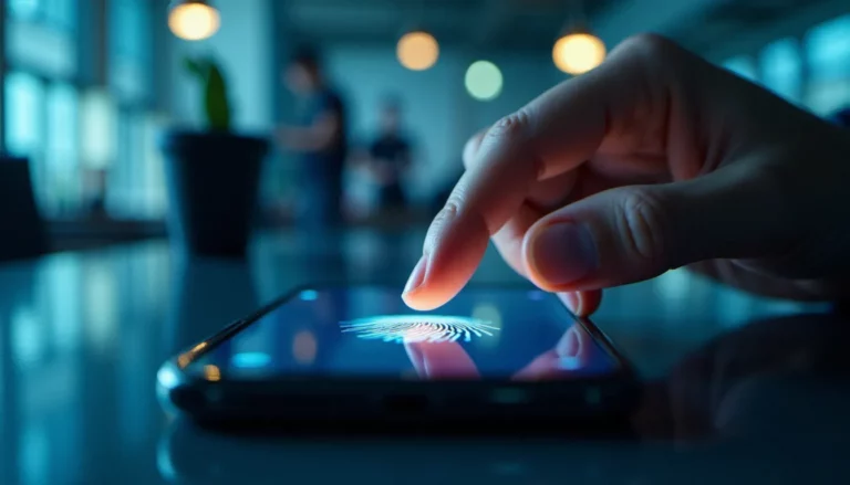 Doigt posé sur le capteur d'empreinte d'un smartphone illustrant le mobile biometric service en action