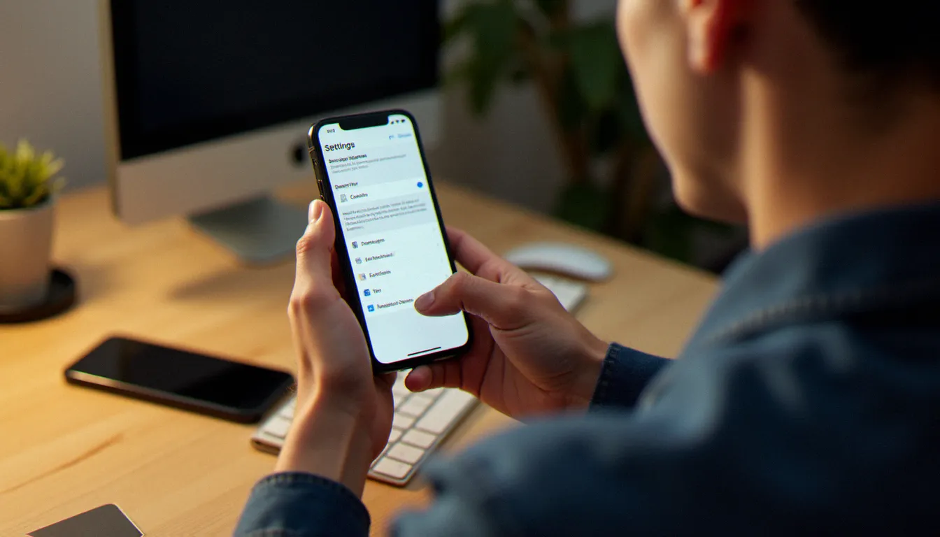 Personne consultant les paramètres de confidentialité de localisation de l'appareil photo sur son smartphone pour se protéger des dangers liés aux images mobiles