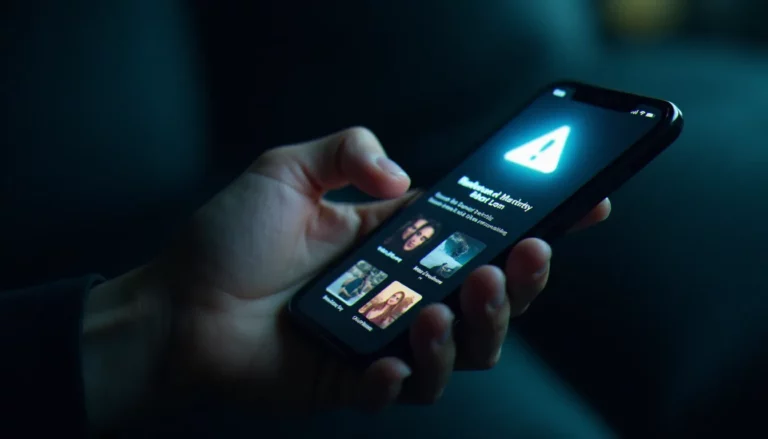 Main tenant un smartphone affichant une galerie photos avec une icône d'alerte de sécurité visible, illustrant les dangers liés aux images mobiles