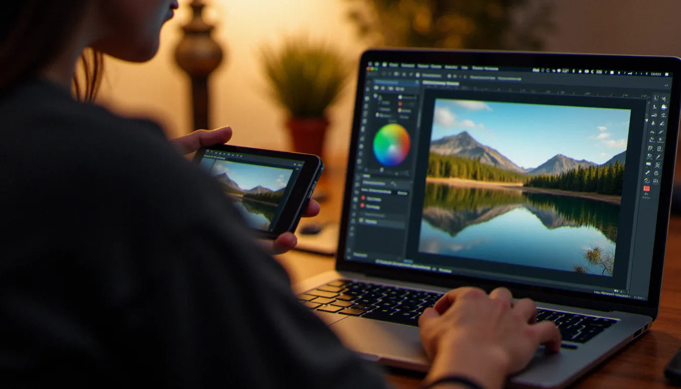 Utilisateur vérifiant l'espace colorimétrique d'une image dans un logiciel de retouche sur ordinateur portable avant d'appliquer un fond d'écran sur son smartphone
