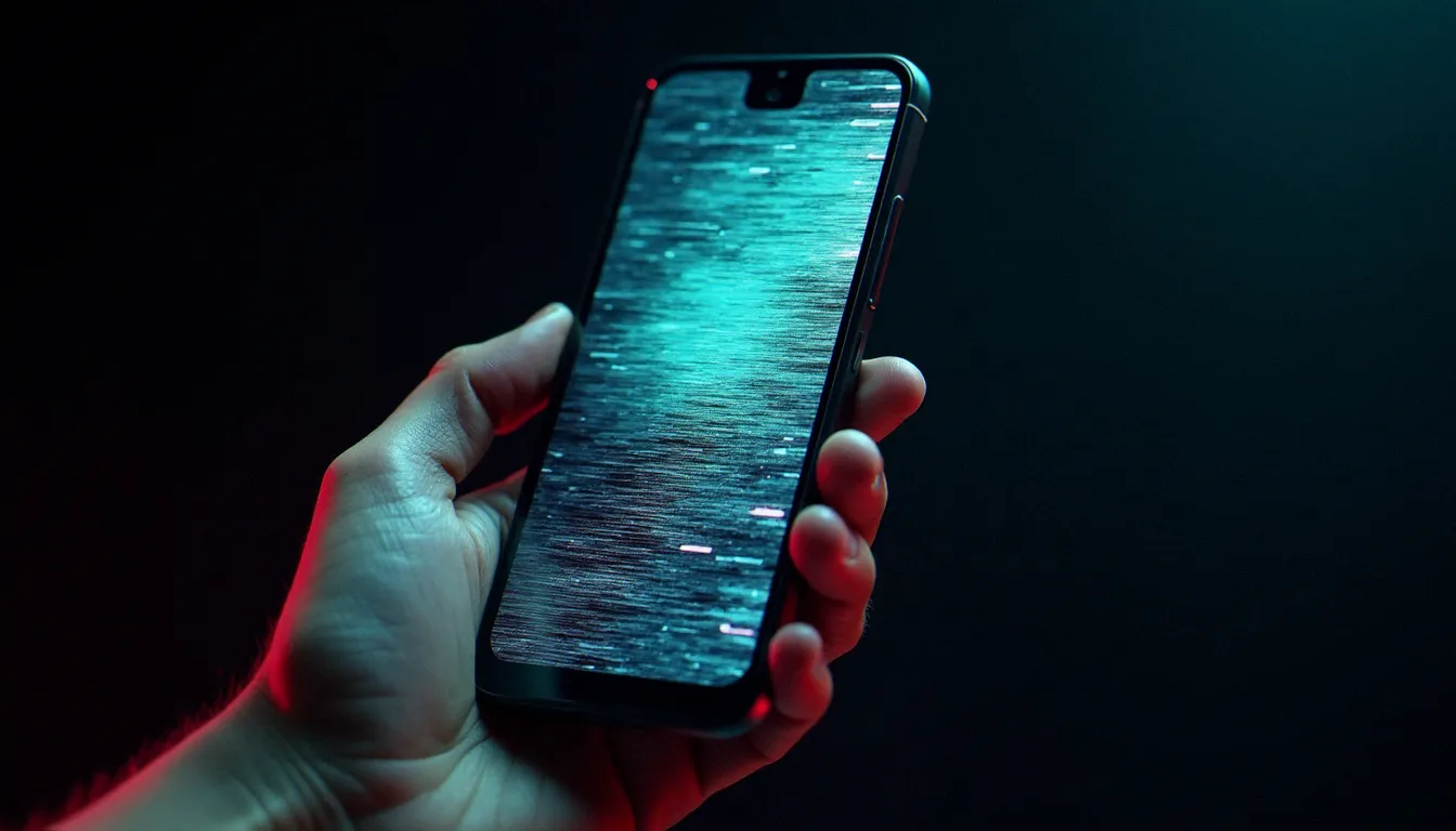Smartphone Android affichant un fond d'écran corrompu avec des artefacts visuels, illustrant le phénomène de mobile dangerous wallpaper