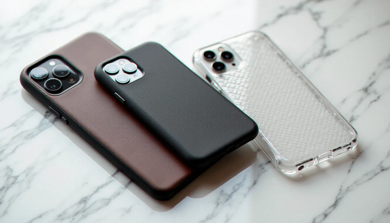 Collection de coques effetto cannettato en différentes matières — cuir, plastique rigide et silicone — posées sur fond de marbre blanc