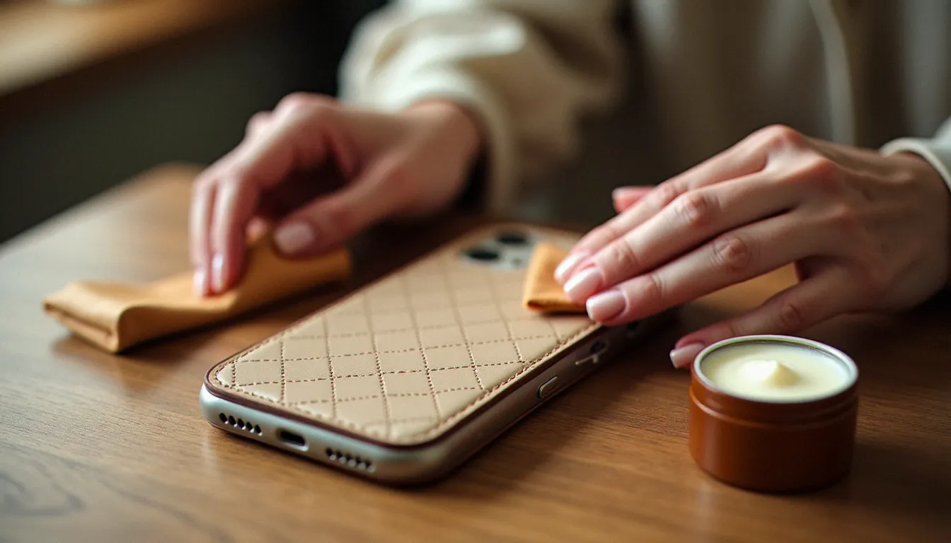 Entretien d'une coque de mobile en cuir effetto cannettato avec un chiffon microfibre et une crème nourrissante pour cuir, posée sur une table en bois