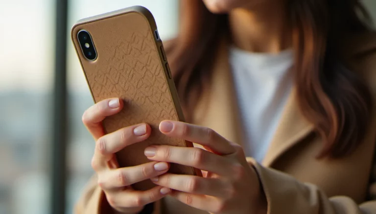 Smartphone avec une coque mobile effetto cannettato en cuir beige texturé tenu à la main sous une lumière naturelle douce