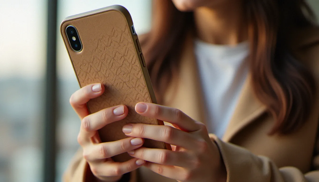 Smartphone avec une coque mobile effetto cannettato en cuir beige texturé tenu à la main sous une lumière naturelle douce