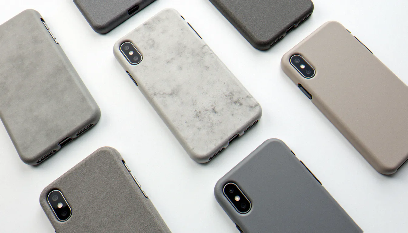 Plusieurs coques de smartphone avec différentes finitions effetto cemento présentées à plat sur fond blanc, variations de textures et teintes grises