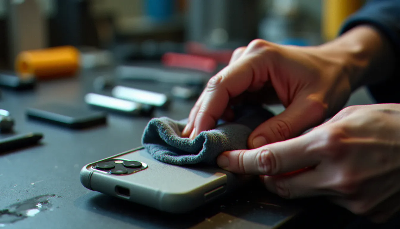 Mains d'un technicien nettoyant un mobile effetto cemento avec un chiffon microfibre dans un atelier de réparation