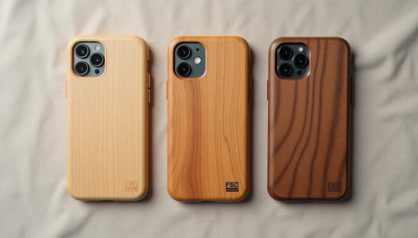 Trois coques bois pour smartphone côte à côte sur une surface en lin, montrant les textures différentes de l'érable, du bambou et du noyer avec un emballage certifié FSC